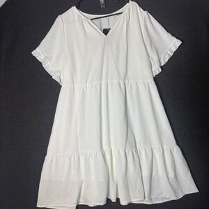 White Tiered Babydoll Dress 16 Short Ruffle Sleeve V-Neck Mini Dress cottage New